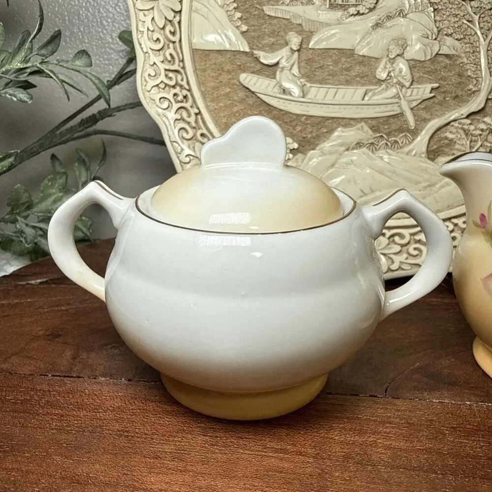Hand Painted Porcelain Creamer Sugar Bowl Pink Roses Gold Trim Set Vintage